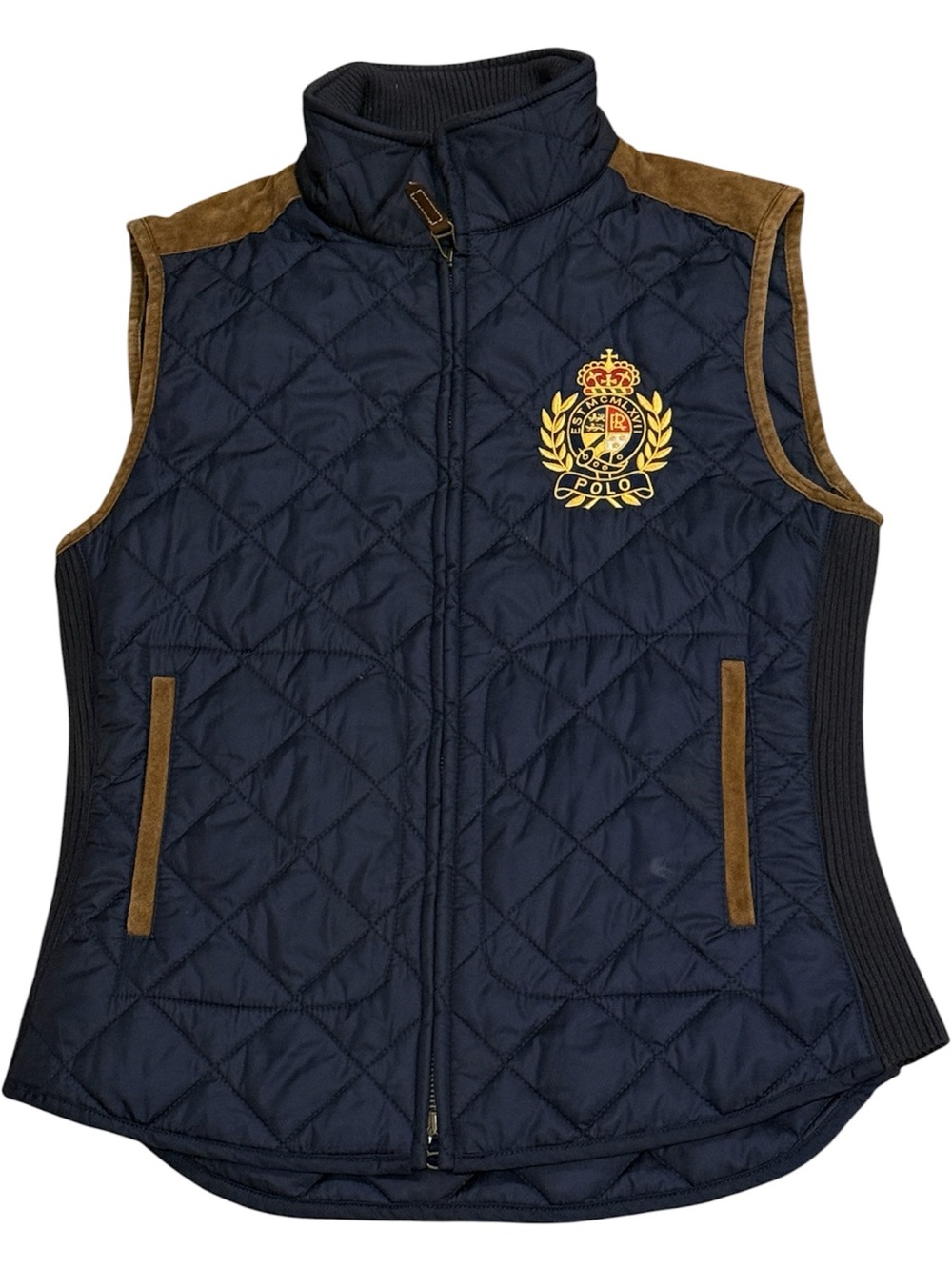 Polo Ralph Lauren Vest Jacket Womens S Blue Quilted Crest Logo Pockets Full Zip